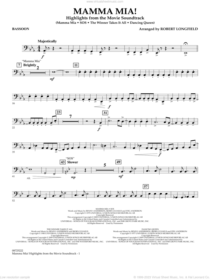 Mamma Mia!, highlights from the movie soundtrack sheet music for concert band (bassoon) by ABBA and Robert Longfield, intermediate skill level