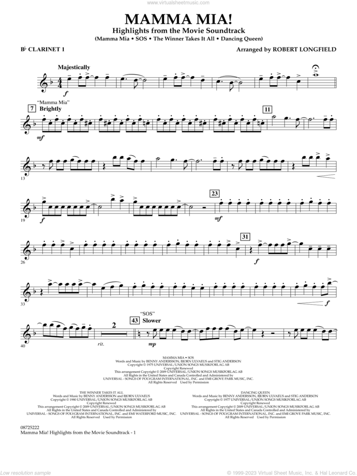 Mamma Mia!, highlights from the movie soundtrack sheet music for concert band (Bb clarinet 1) by ABBA and Robert Longfield, intermediate skill level