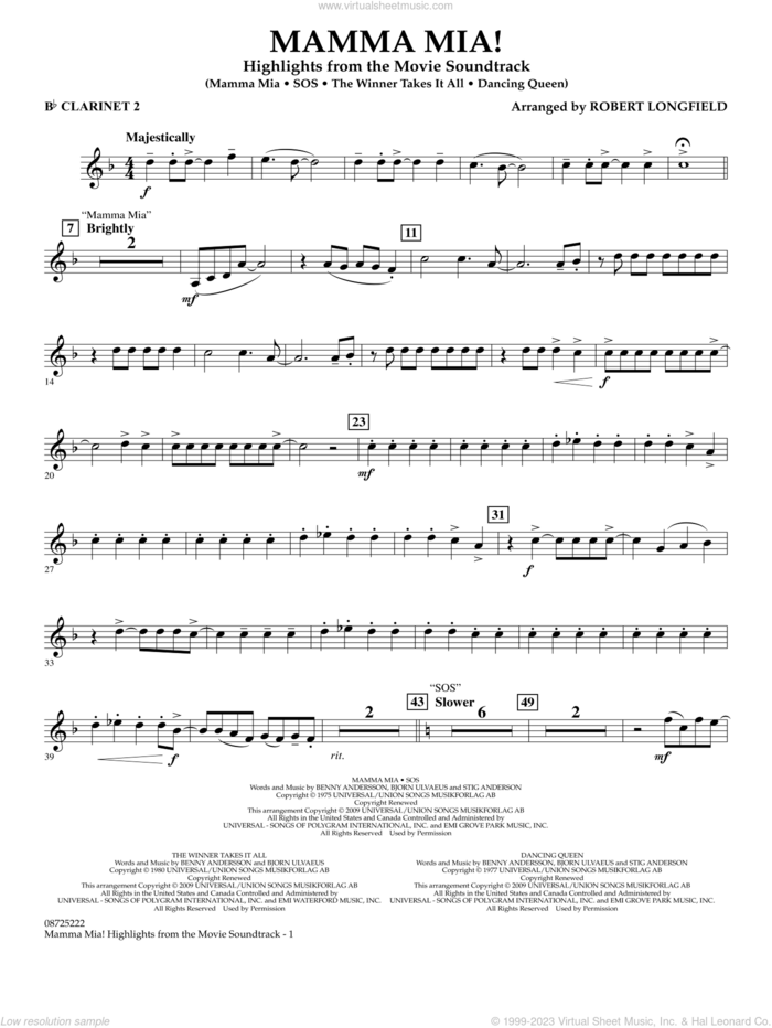 Mamma Mia!, highlights from the movie soundtrack sheet music for concert band (Bb clarinet 2) by ABBA and Robert Longfield, intermediate skill level