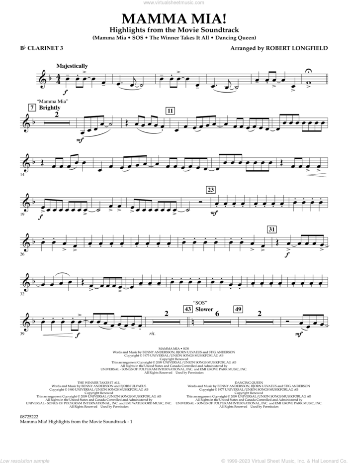 Mamma Mia!, highlights from the movie soundtrack sheet music for concert band (Bb clarinet 3) by ABBA and Robert Longfield, intermediate skill level