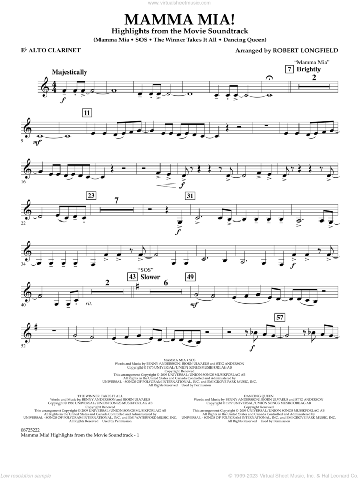 Mamma Mia!, highlights from the movie soundtrack sheet music for concert band (Eb alto clarinet) by ABBA and Robert Longfield, intermediate skill level