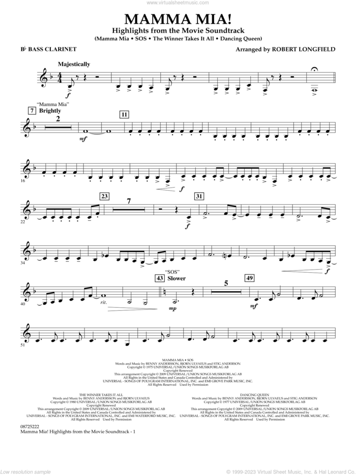 Mamma Mia!, highlights from the movie soundtrack sheet music for concert band (Bb bass clarinet) by ABBA and Robert Longfield, intermediate skill level