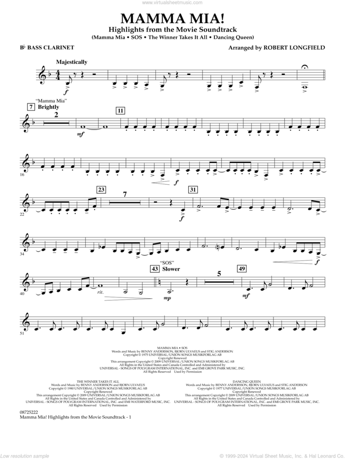 Mamma Mia!, highlights from the movie soundtrack sheet music for concert band (Bb bass clarinet) by ABBA and Robert Longfield, intermediate skill level