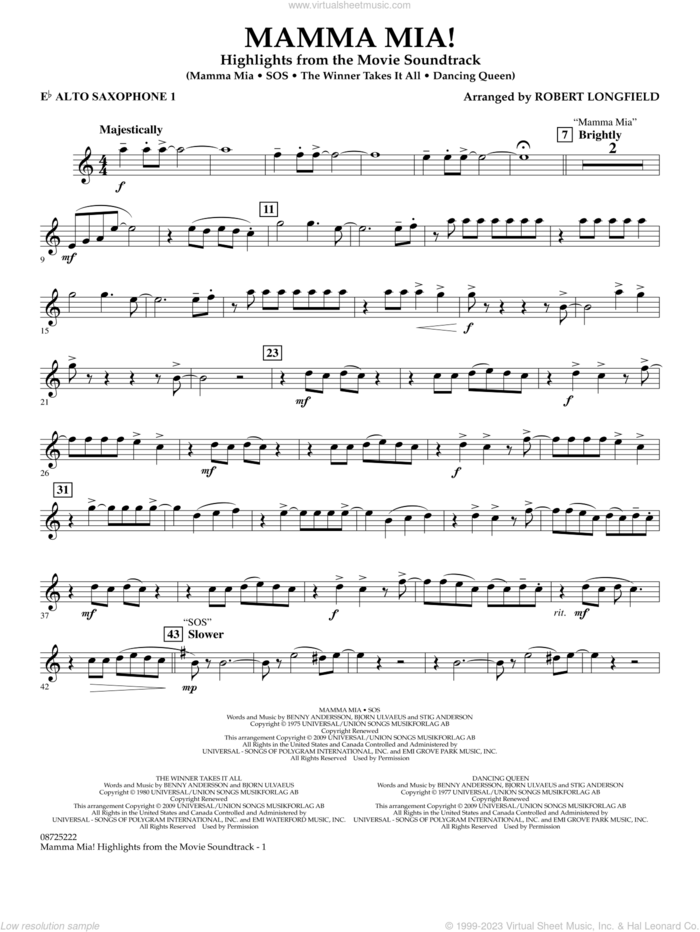 Mamma Mia!, highlights from the movie soundtrack sheet music for concert band (Eb alto saxophone 1) by ABBA and Robert Longfield, intermediate skill level