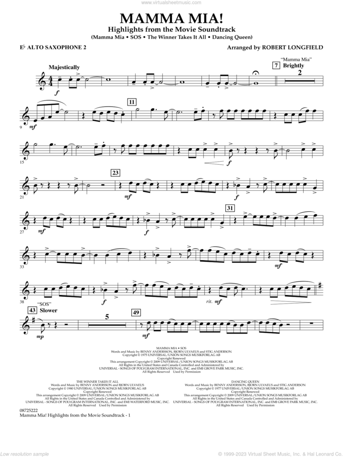 Mamma Mia!, highlights from the movie soundtrack sheet music for concert band (Eb alto saxophone 2) by ABBA and Robert Longfield, intermediate skill level