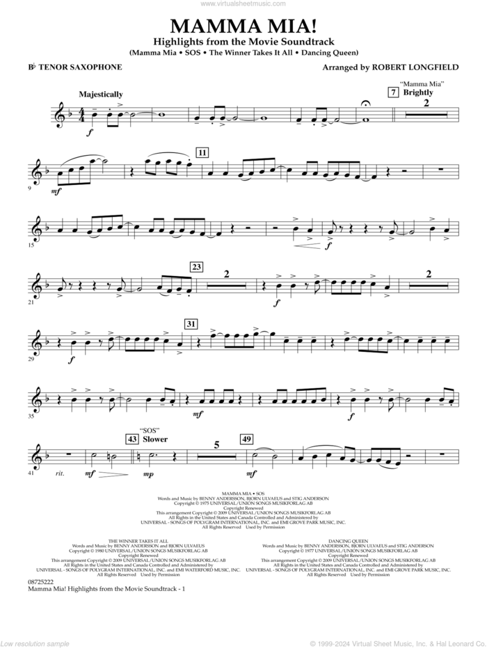 Mamma Mia!, highlights from the movie soundtrack sheet music for concert band (Bb tenor saxophone) by ABBA and Robert Longfield, intermediate skill level