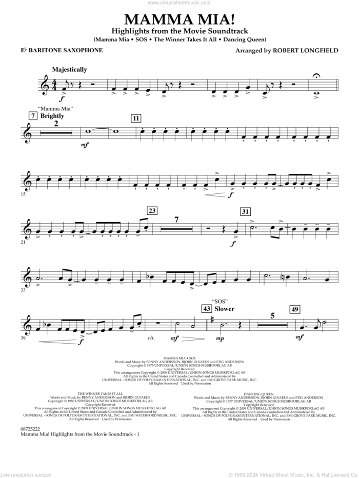 Mamma Mia!, highlights from the movie soundtrack sheet music for concert band (Eb baritone saxophone) by ABBA and Robert Longfield, intermediate skill level