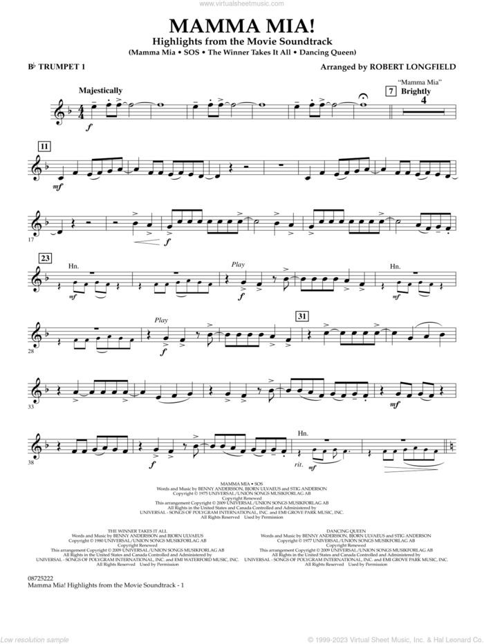 Mamma Mia!, highlights from the movie soundtrack sheet music for concert band (Bb trumpet 1) by ABBA and Robert Longfield, intermediate skill level