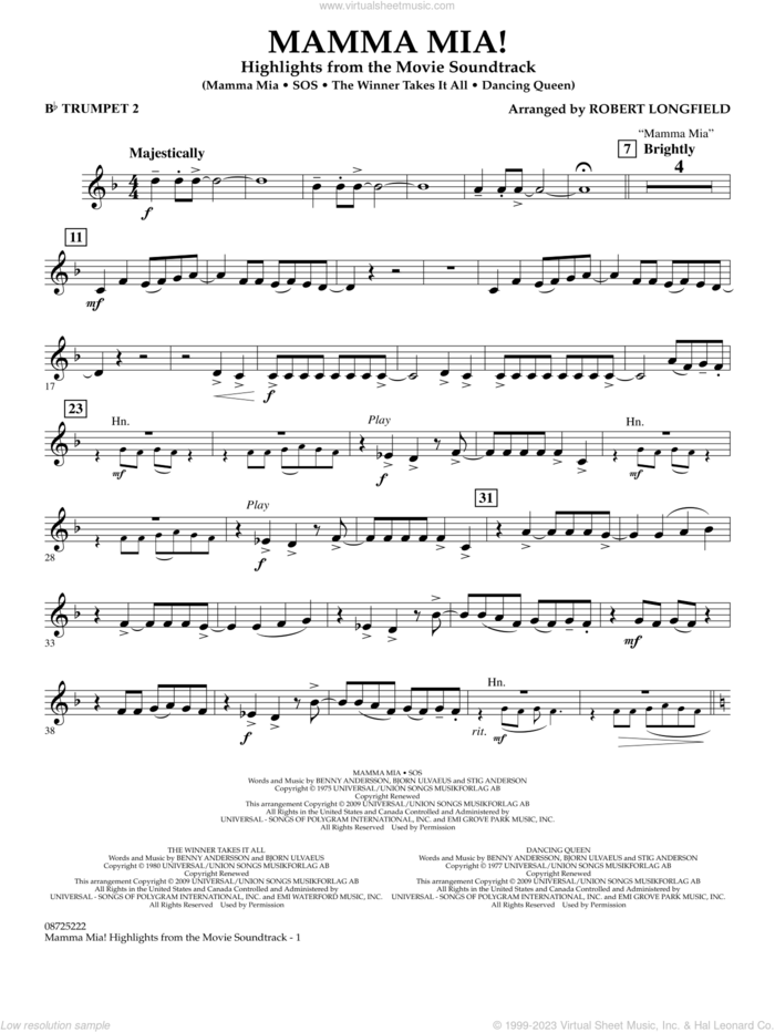 Mamma Mia!, highlights from the movie soundtrack sheet music for concert band (Bb trumpet 2) by ABBA and Robert Longfield, intermediate skill level