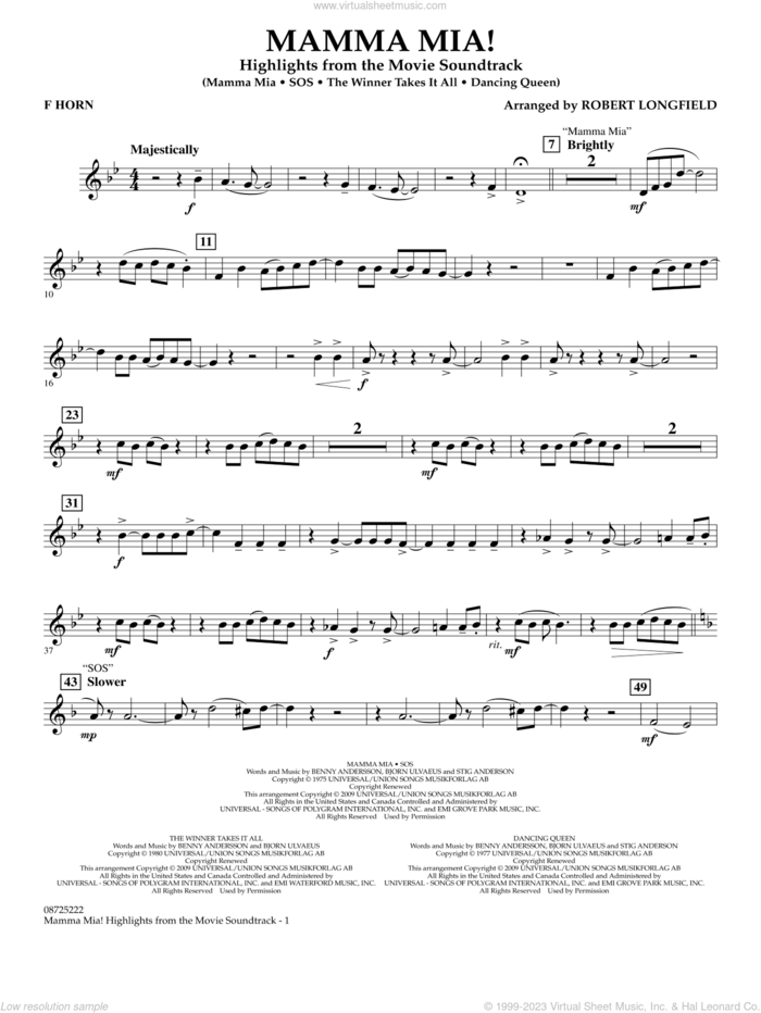 Mamma Mia!, highlights from the movie soundtrack sheet music for concert band (f horn) by ABBA and Robert Longfield, intermediate skill level