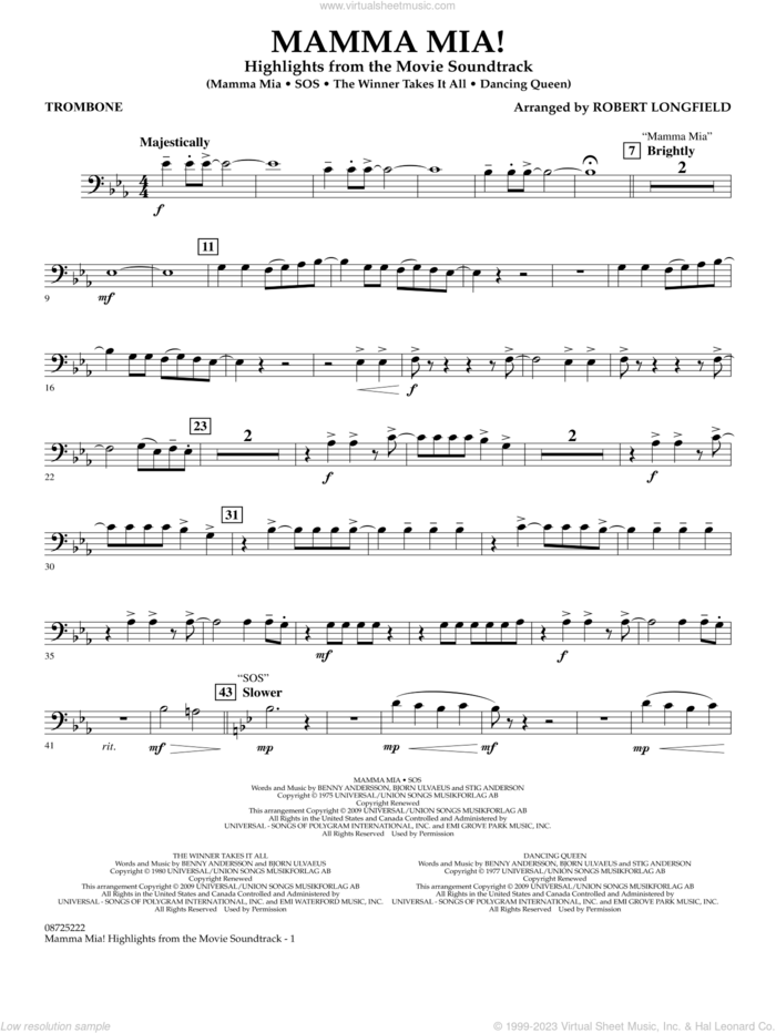 Mamma Mia!, highlights from the movie soundtrack sheet music for concert band (trombone) by ABBA and Robert Longfield, intermediate skill level