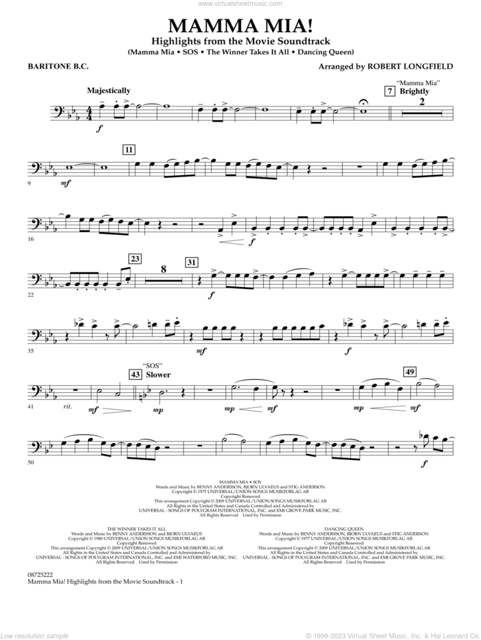Mamma Mia!, highlights from the movie soundtrack sheet music for concert band (baritone b.c.) by ABBA and Robert Longfield, intermediate skill level