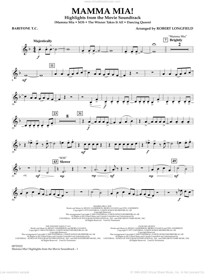 Mamma Mia!, highlights from the movie soundtrack sheet music for concert band (baritone t.c.) by ABBA and Robert Longfield, intermediate skill level