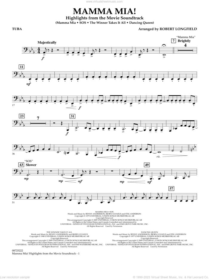 Mamma Mia!, highlights from the movie soundtrack sheet music for concert band (tuba) by ABBA and Robert Longfield, intermediate skill level