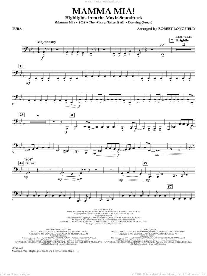 Mamma Mia!, highlights from the movie soundtrack sheet music for concert band (tuba) by ABBA and Robert Longfield, intermediate skill level