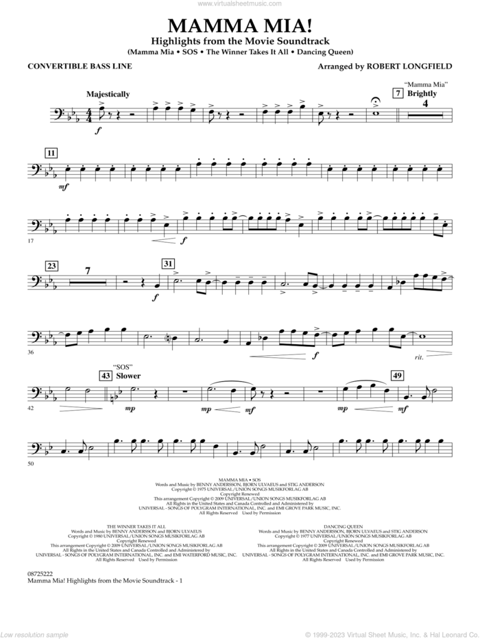 Mamma Mia!, highlights from the movie soundtrack sheet music for concert band (convertible bass line) by ABBA and Robert Longfield, intermediate skill level