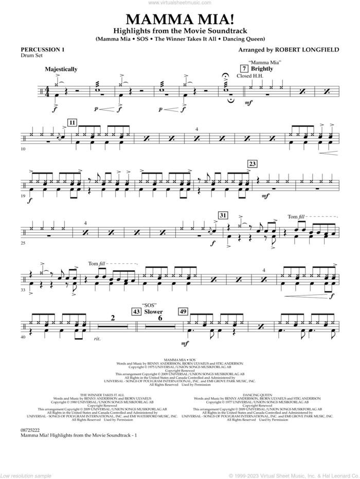 Mamma Mia!, highlights from the movie soundtrack sheet music for concert band (percussion 1) by ABBA and Robert Longfield, intermediate skill level