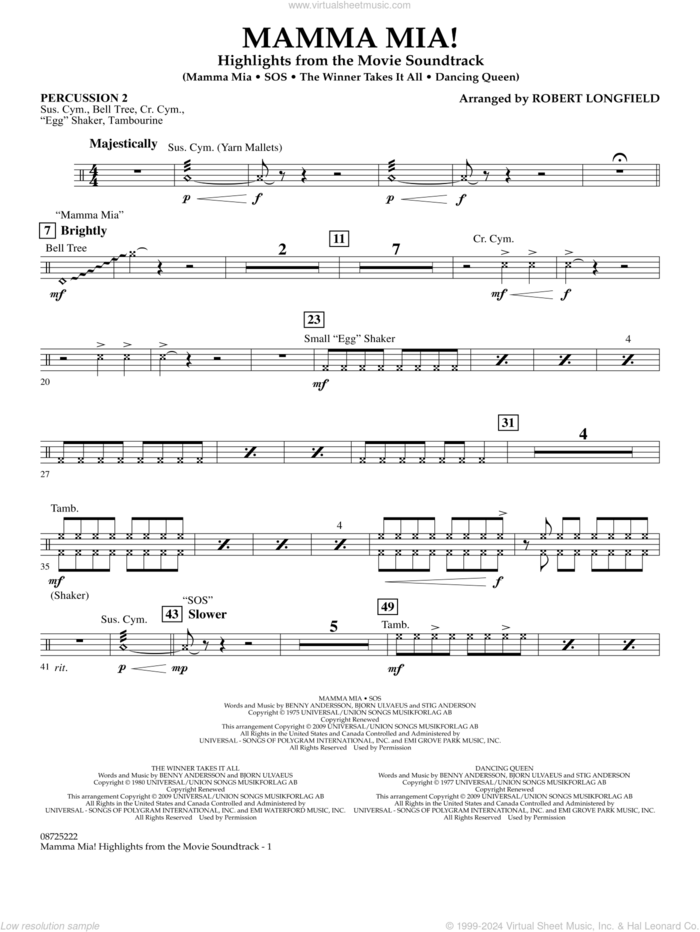 Mamma Mia!, highlights from the movie soundtrack sheet music for concert band (percussion 2) by ABBA and Robert Longfield, intermediate skill level