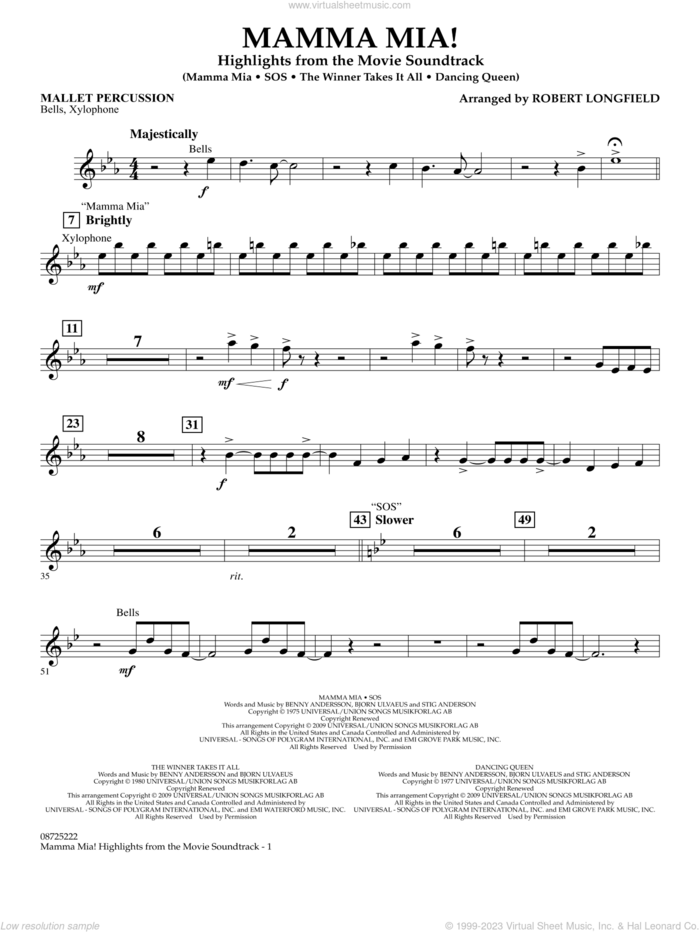 Mamma Mia!, highlights from the movie soundtrack sheet music for concert band (mallet percussion) by ABBA and Robert Longfield, intermediate skill level
