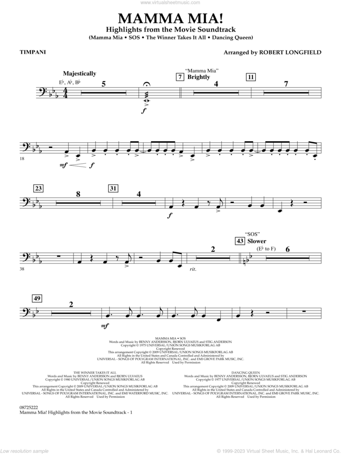 Mamma Mia!, highlights from the movie soundtrack sheet music for concert band (timpani) by ABBA and Robert Longfield, intermediate skill level