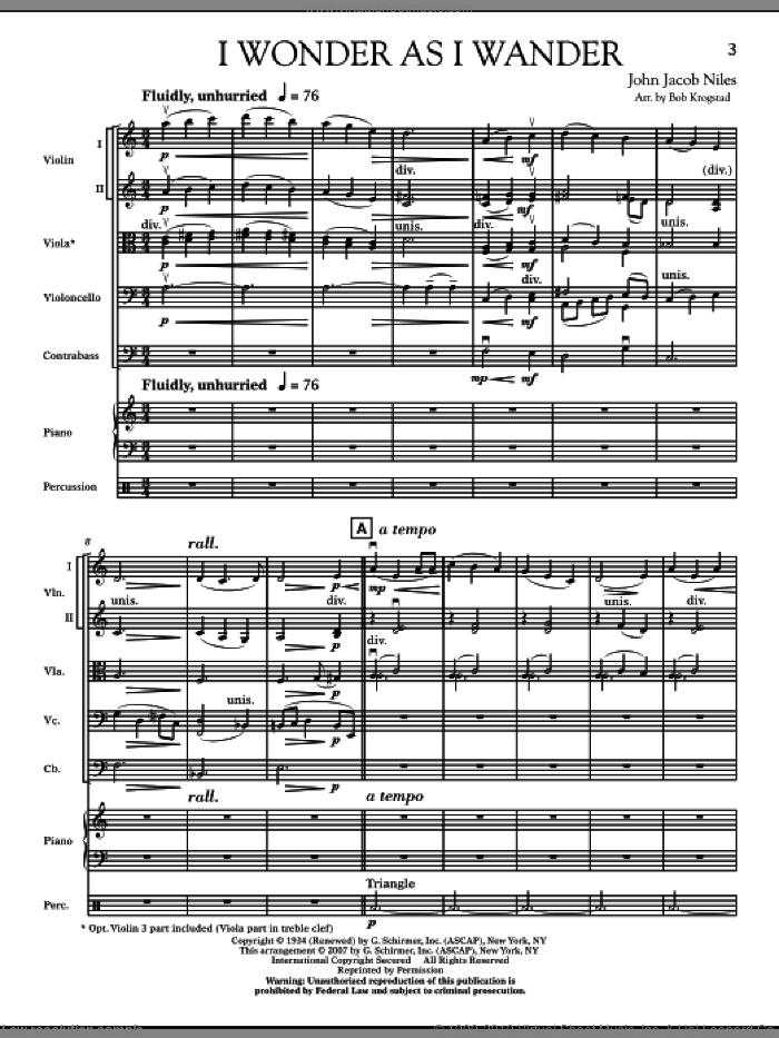 I Wonder As I Wander (COMPLETE) sheet music for orchestra by John Jacob Niles and Bob Krogstad, intermediate skill level