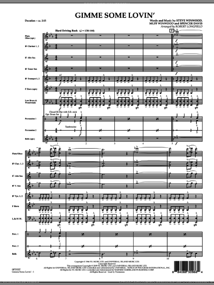 Gimme Some Lovin' (COMPLETE) sheet music for concert band by Steve Winwood, Muff Winwood, Spencer Davis, Robert Longfield and The Spencer Davis Group, intermediate skill level