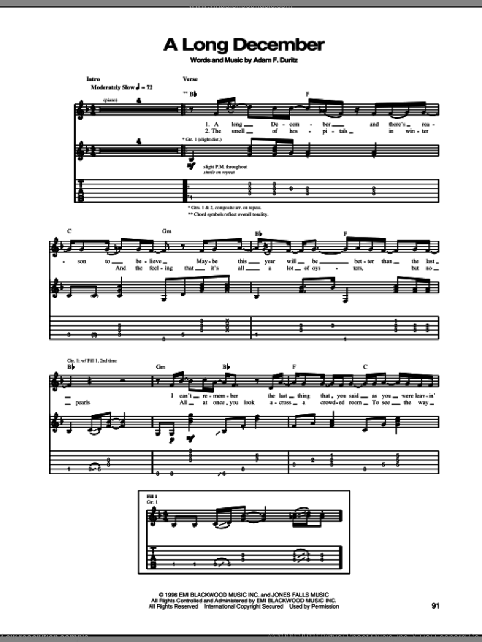 A Long December sheet music for guitar (tablature) by Counting Crows and Adam Duritz, intermediate skill level