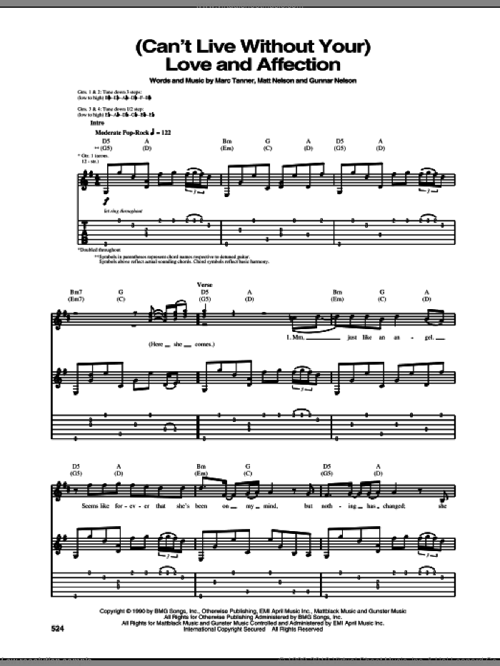 (Can't Live Without Your) Love And Affection sheet music for guitar (tablature) by Nelson, Gunnar Nelson, Marc Tanner and Matt Nelson, intermediate skill level