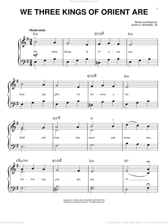 We Three Kings Of Orient Are, (beginner) sheet music for piano solo by John H. Hopkins, Jr., beginner skill level