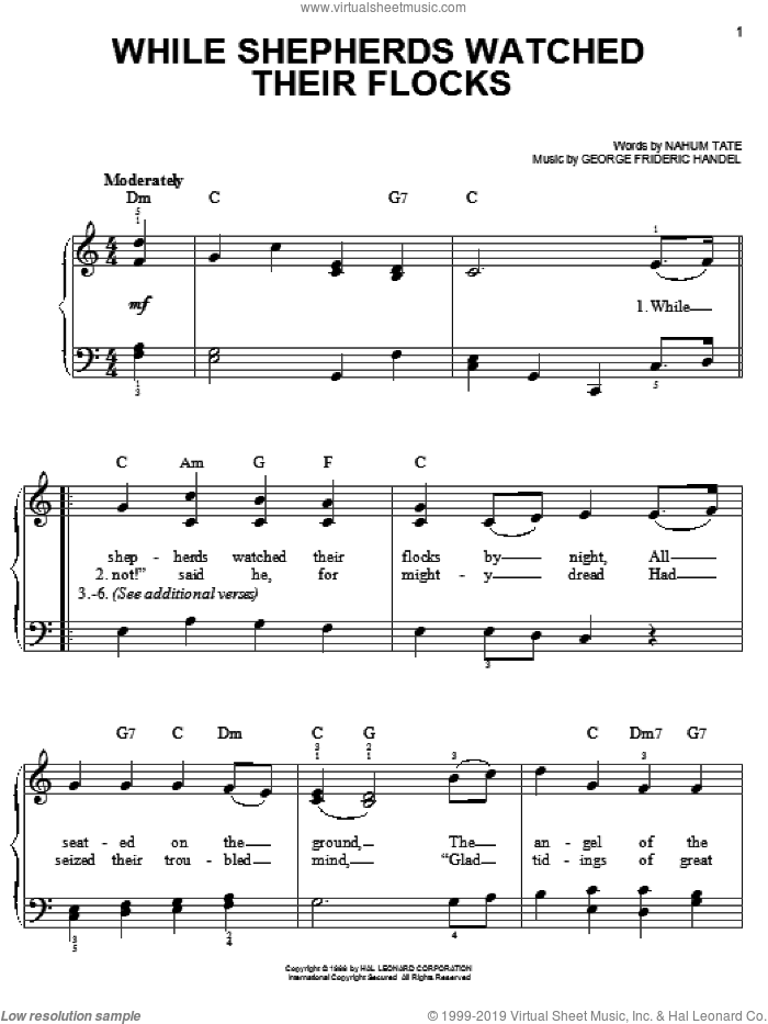 While Shepherds Watched Their Flocks, (easy) sheet music for piano solo by George Frideric Handel, Miscellaneous and Nahum Tate, classical score, easy skill level