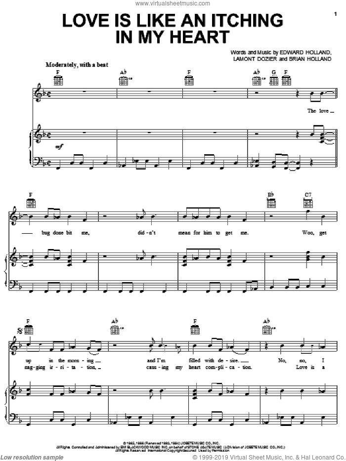 Love Is Like An Itching In My Heart sheet music for voice, piano or guitar by The Supremes, Diana Ross, Brian Holland, Eddie Holland and Lamont Dozier, intermediate skill level
