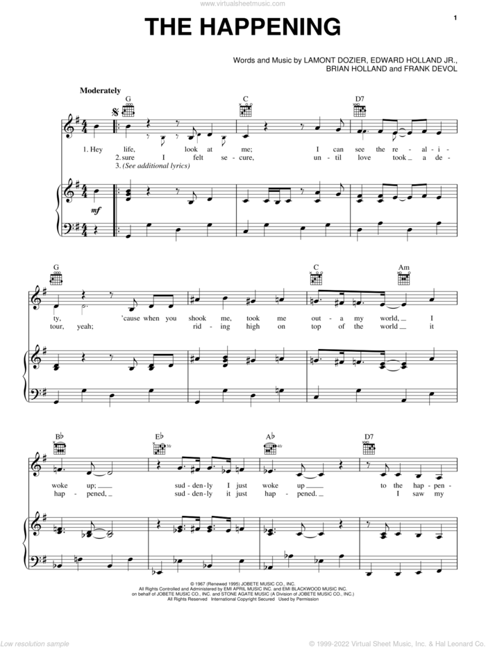 The Happening sheet music for voice, piano or guitar by The Supremes, Diana Ross, Herb Alpert, Herb Alpert & The Tijuana Brass, Brian Holland, Edward Holland Jr., Frank DeVol and Lamont Dozier, intermediate skill level