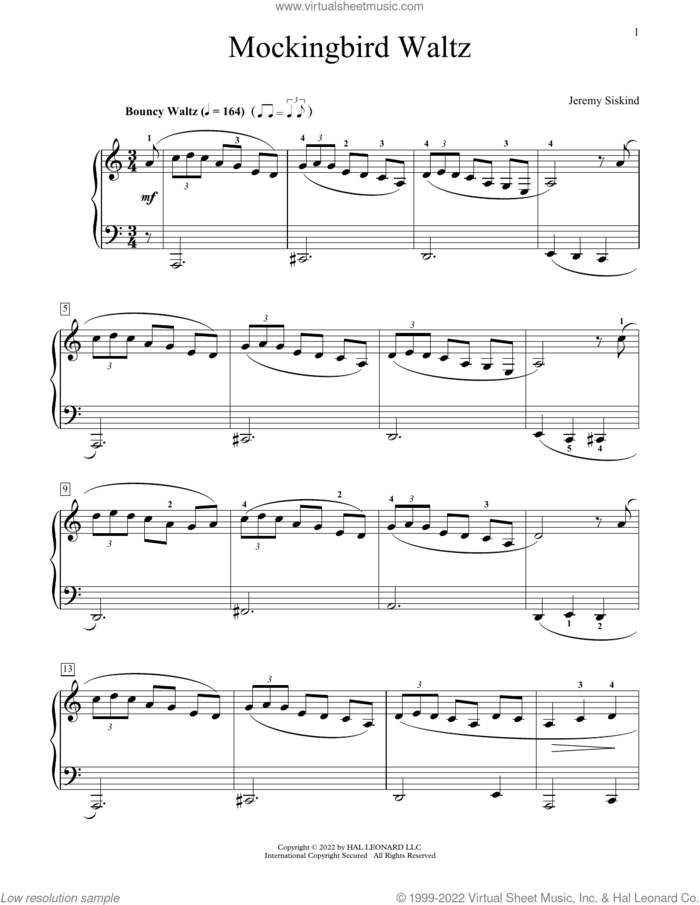 Mockingbird Waltz sheet music for piano solo (elementary) by Jeremy Siskind, beginner piano (elementary)