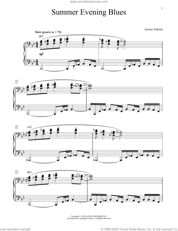 Summer Evening Blues sheet music for piano solo (elementary) by Jeremy Siskind, beginner piano (elementary)