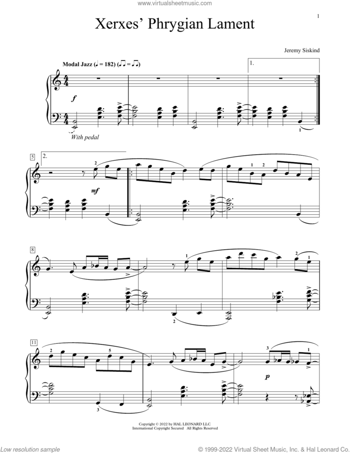 Xerxes' Phrygian Lament sheet music for piano solo (elementary) by Jeremy Siskind, beginner piano (elementary)