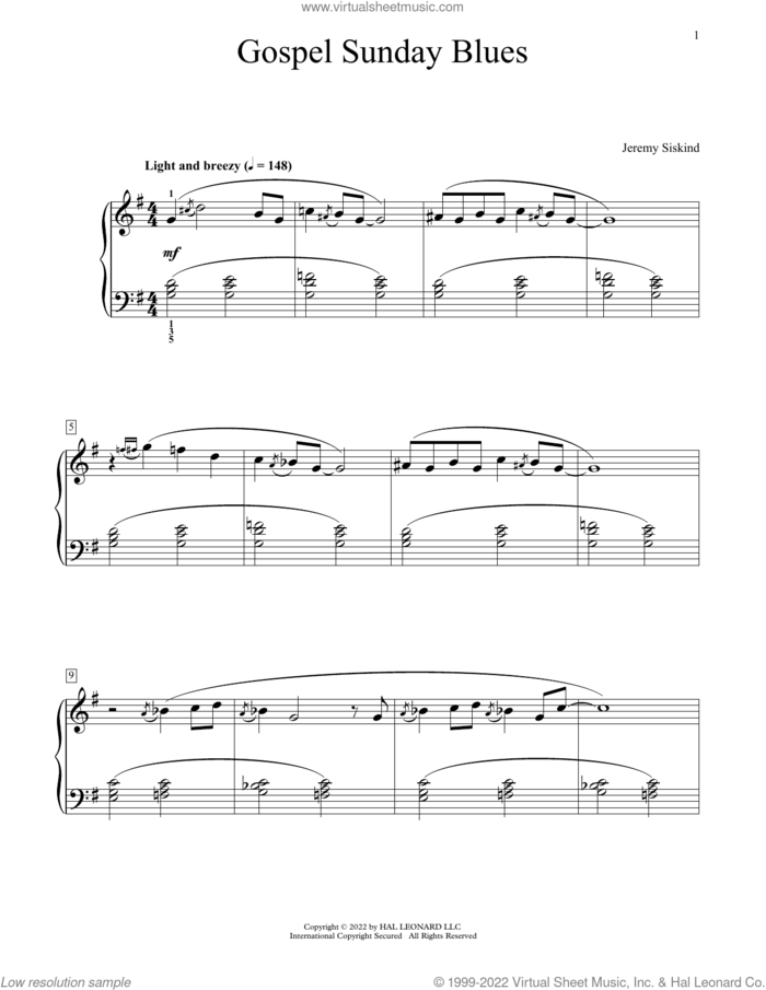 Gospel Sunday Blues sheet music for piano solo (elementary) by Jeremy Siskind, beginner piano (elementary)