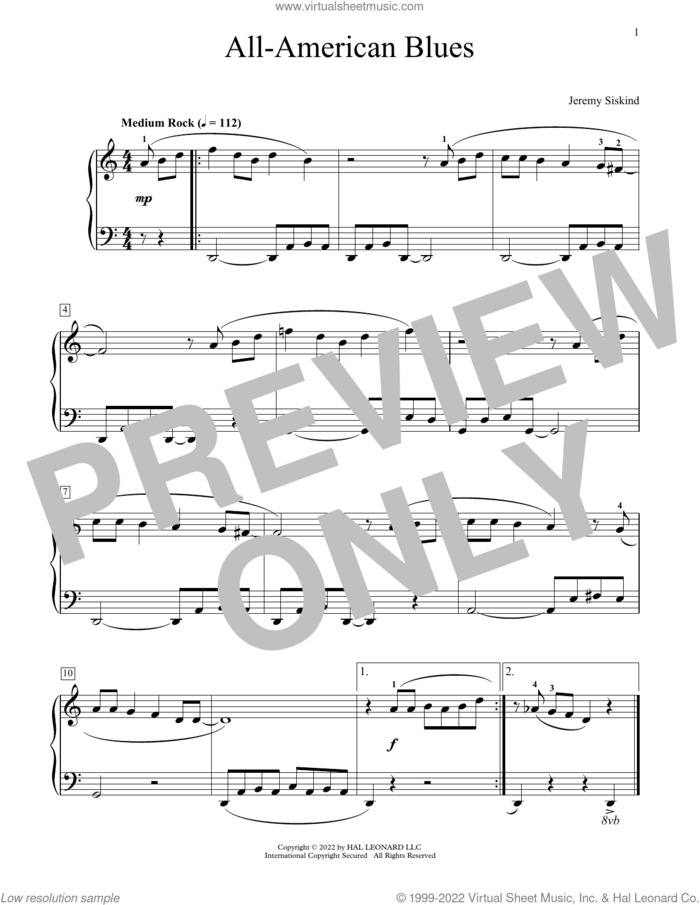 All-American Blues sheet music for piano solo (elementary) by Jeremy Siskind, beginner piano (elementary)
