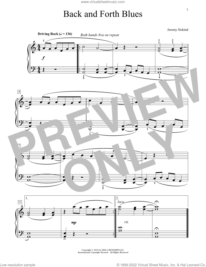 Back And Forth Blue sheet music for piano solo (elementary) by Jeremy Siskind, beginner piano (elementary)