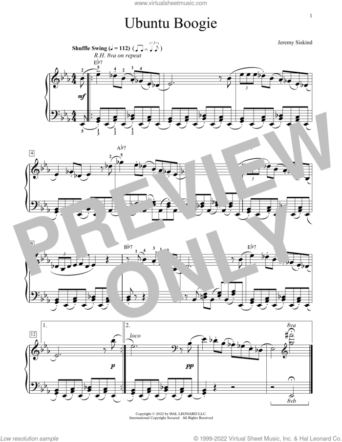 Ubuntu Boogie sheet music for piano solo (elementary) by Jeremy Siskind, beginner piano (elementary)