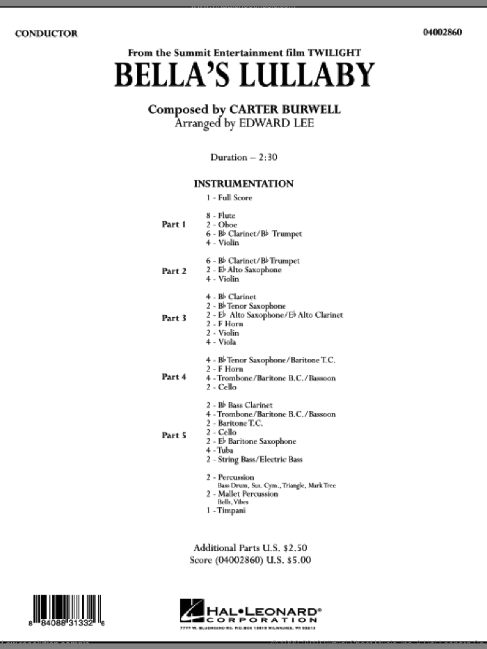 Bella's Lullaby (from 'Twilight') (COMPLETE) sheet music for concert band by Carter Burwell and Edward Lee, intermediate skill level