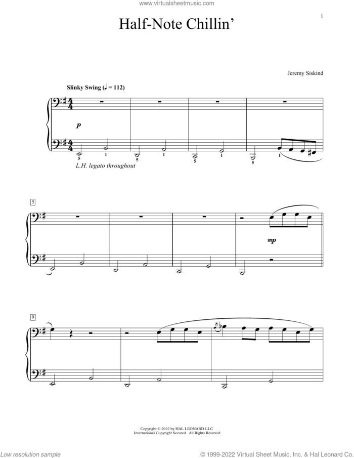 Half-Note Chillin' sheet music for piano solo (elementary) by Jeremy Siskind, beginner piano (elementary)