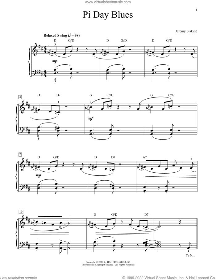 Pi Day Blues sheet music for piano solo (elementary) by Jeremy Siskind, beginner piano (elementary)