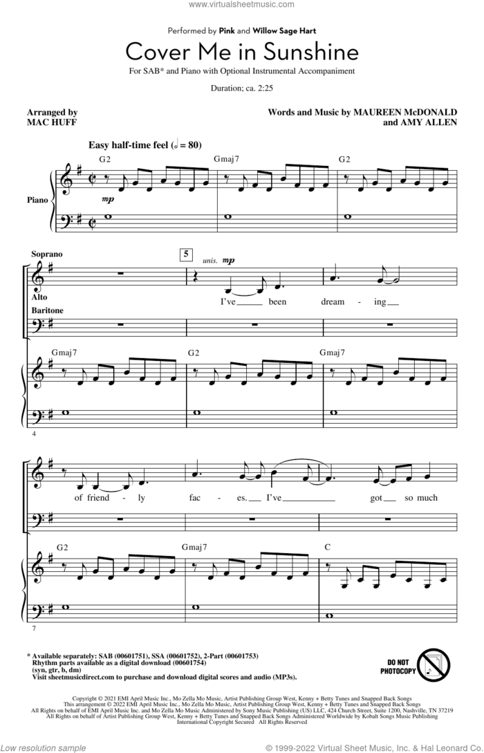 Cover Me In Sunshine (arr. Mac Huff) sheet music for choir (SAB: soprano, alto, bass) by P!nk & Willow Sage Hart, Mac Huff, Miscellaneous, P!nk, Amy Allen and Maureen McDonald, intermediate skill level