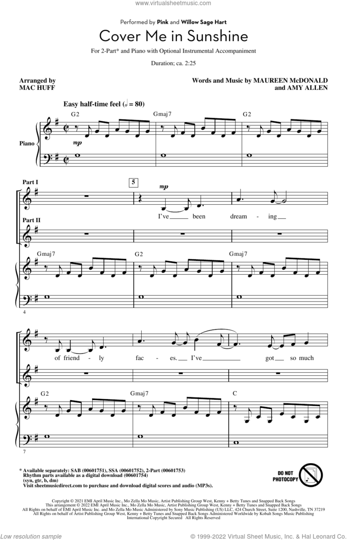Cover Me In Sunshine (arr. Mac Huff) sheet music for choir (2-Part) by P!nk & Willow Sage Hart, Mac Huff, Miscellaneous, P!nk, Amy Allen and Maureen McDonald, intermediate duet