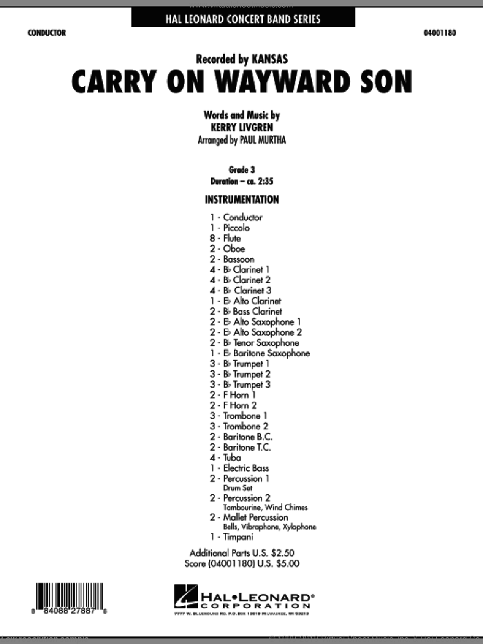 Carry On Wayward Son (COMPLETE) sheet music for concert band by Paul Murtha, Kerry Livgren and Kansas, intermediate skill level