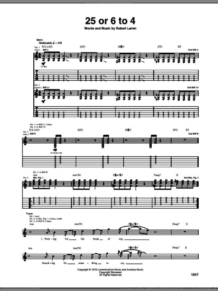 25 Or 6 To 4 sheet music for guitar (tablature) by Chicago and Robert Lamm, intermediate skill level