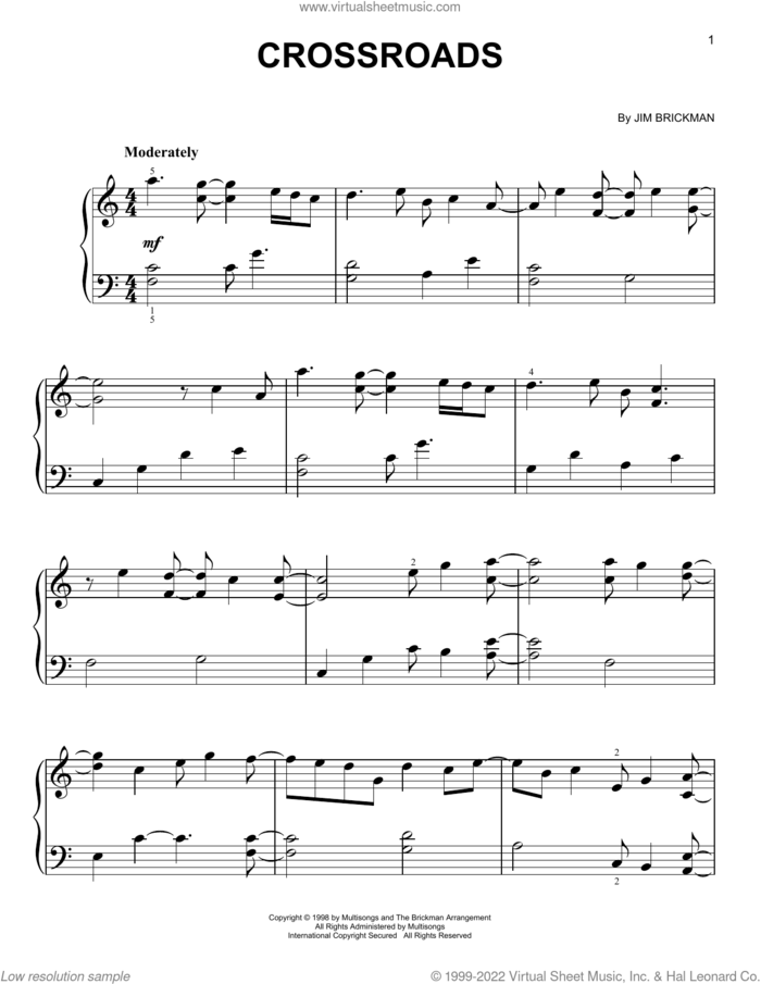 Crossroads, (easy) sheet music for piano solo by Jim Brickman, easy skill level
