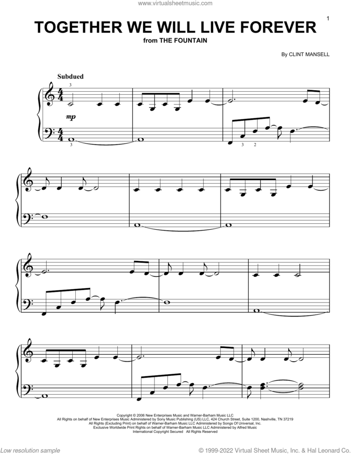 Together We Will Live Forever (from The Fountain), (easy) sheet music for piano solo by Clint Mansell, easy skill level