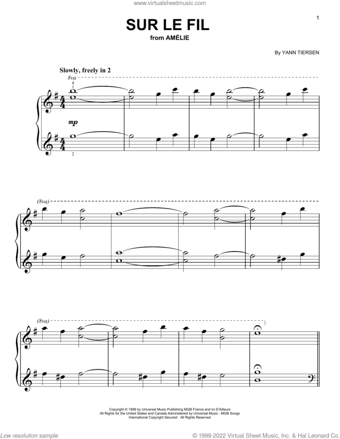 Sur Le Fil, (easy) sheet music for piano solo by Yann Tiersen, easy skill level