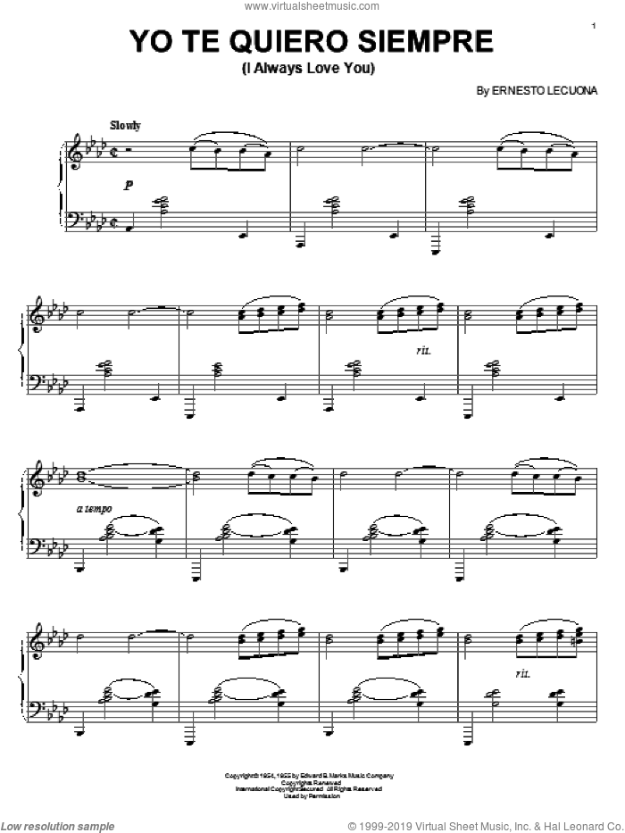 Yo Te Quiero Siempre (I Always Love You) sheet music for piano solo by Ernesto Lecuona, intermediate skill level